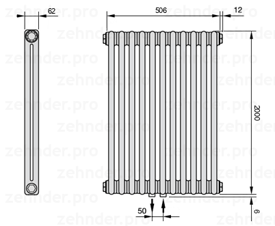 Схема (чертеж) Радиатор Zehnder Charleston 2200/11 №5410 Белый глянцевый RAL 9016